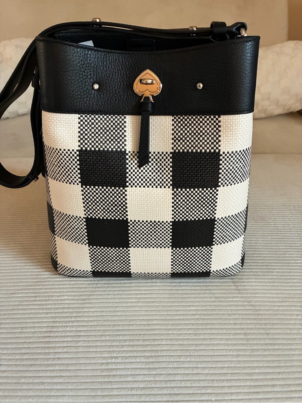 kate spade Black and White Check Canvas Crossbody with Gold Heart Accent